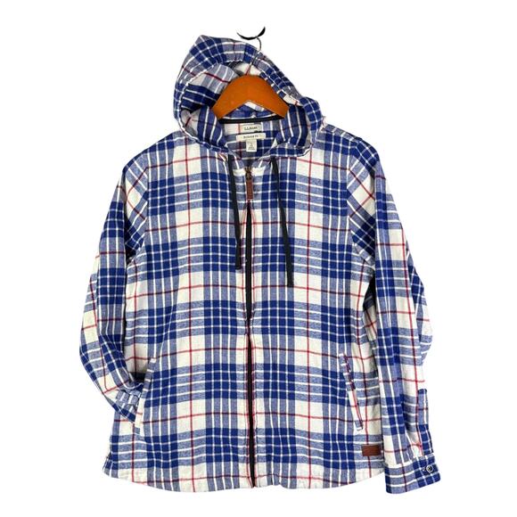 L.L. Bean Scotch Plaid Flannel Relaxed Full Zip Hoodie Red Blue RWB Womens Small - Picture 1 of 9